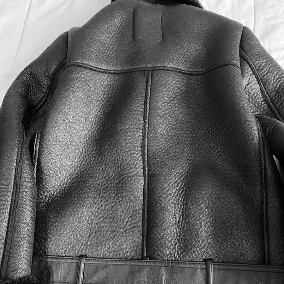 ZARA BLACK FAUX LEATHER SHEARLING FUR DOUBLE FACED BIKER JACKET AVIATOR COAT - Picture 10 of 10